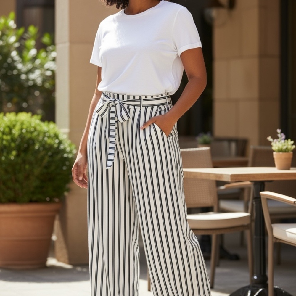 Tristan Black and White Striped Wide Leg Pants - Size 16